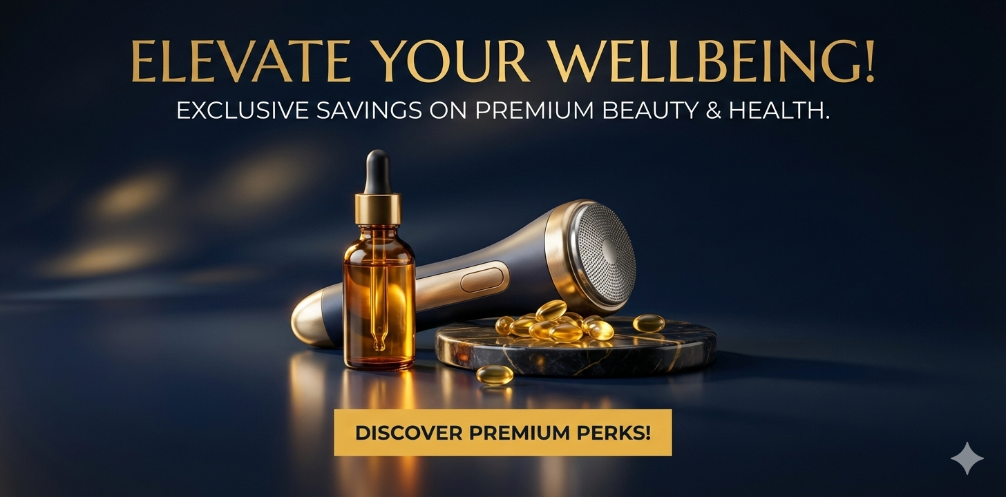 FlasherDeal luxury beauty banner showing premium skincare serums and wellness supplements on a dark navy surface with gold accents, headlined Elevate Your Wellbeing.