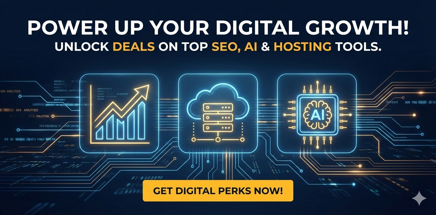 FlasherDeal banner for SaaS and digital marketing tools featuring glowing holographic icons on a dark navy background with the headline Power Up Your Digital Growth.