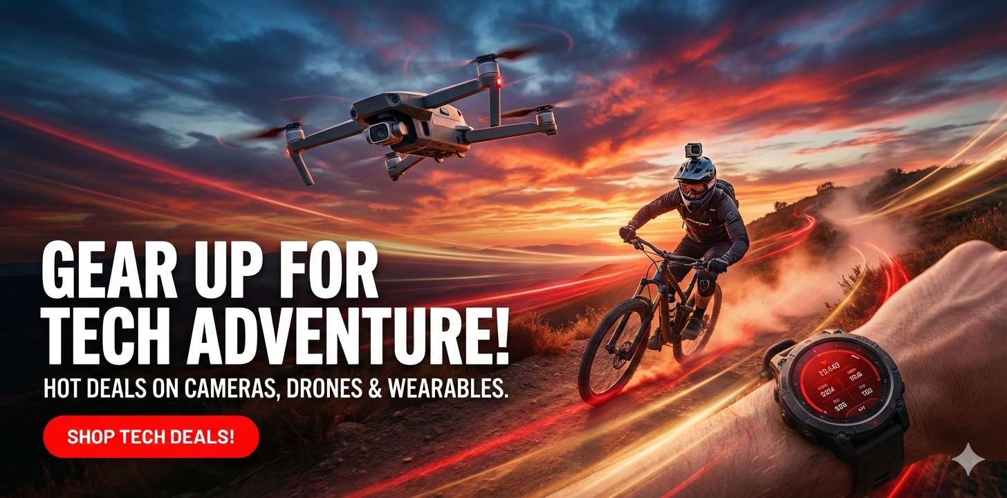 FlasherDeal electronics banner displaying a dynamic scene with a drone and mountain biker at sunset, featuring the headline Gear Up For Tech Adventure.